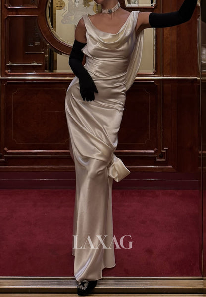 Scoop-Neck Straps Sleeveless Mermaid Evening Dress Pleated Satin Floor-Length Formal Gowns