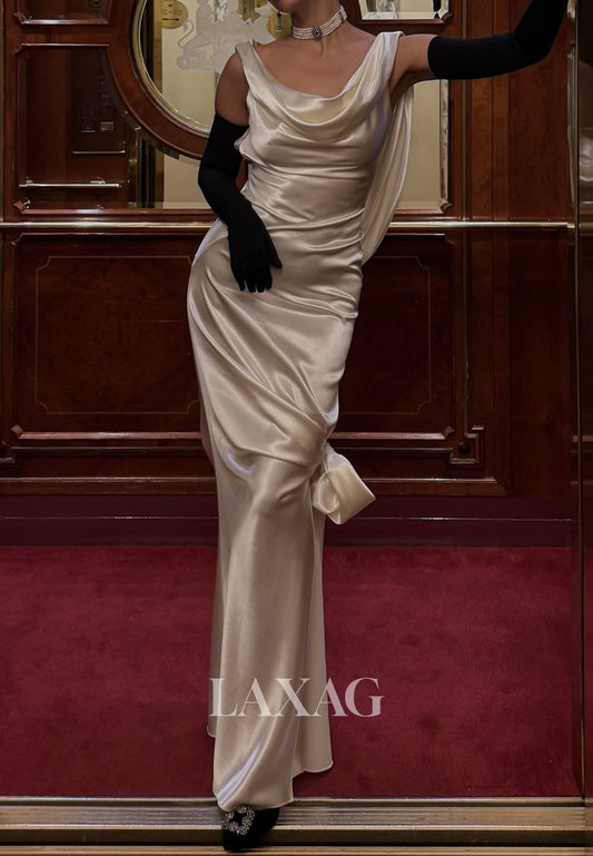 Scoop-Neck Straps Sleeveless Mermaid Evening Dress Pleated Satin Floor-Length Formal Gowns