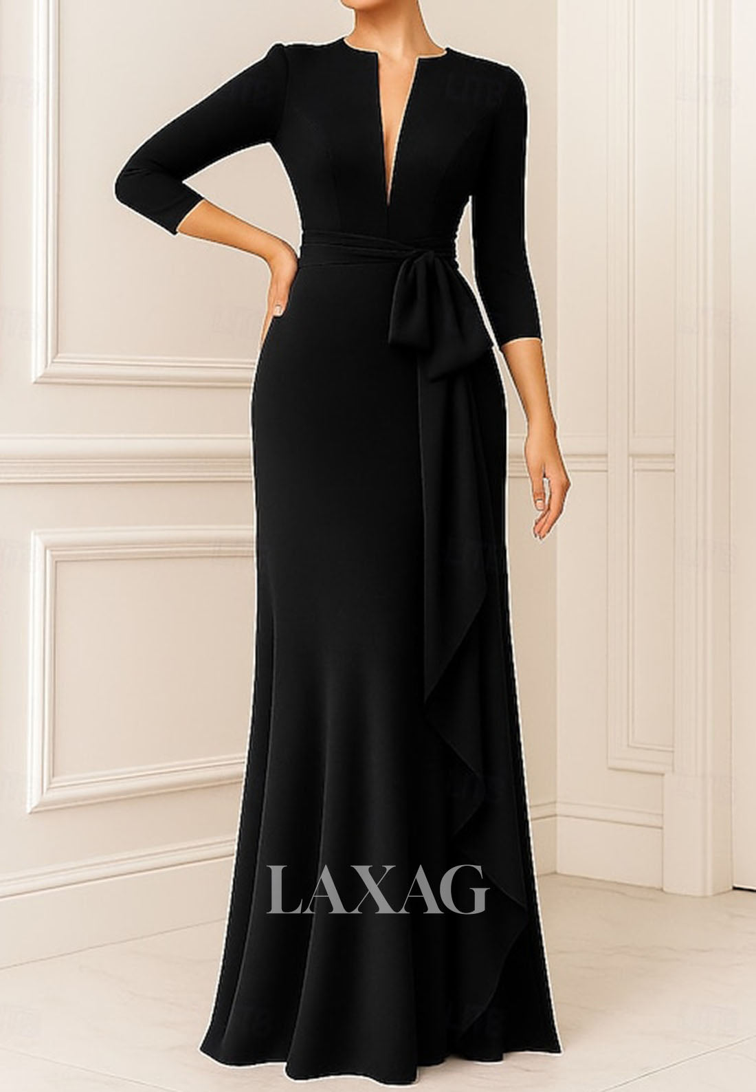 Deep V-Neck 3/4-Sleeves Mermaid Evening Dress Floor-Length Ruffled Satin Formal Gowns