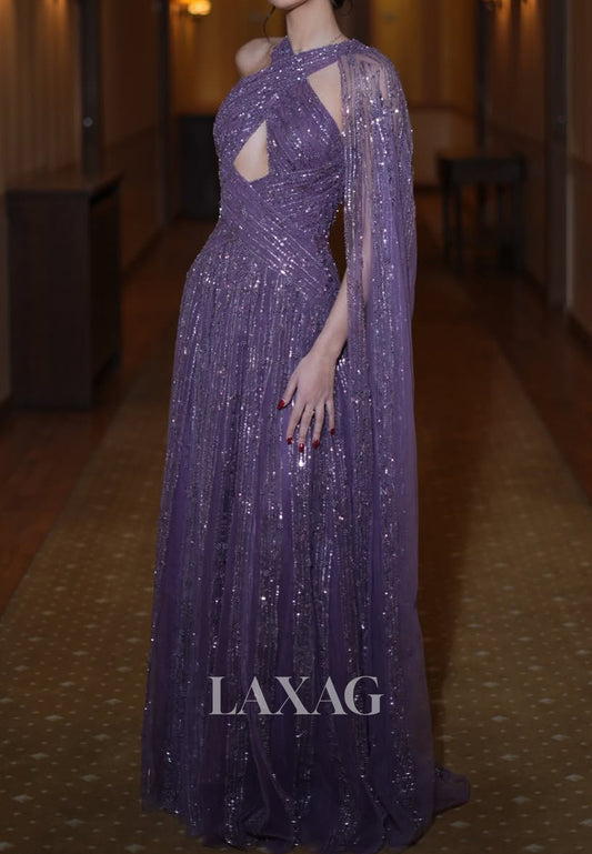 Cross-Neck Off-Shoulder A-Line Prom Dress Fully Sequined Beaded Tulle Pleated Party Gowns