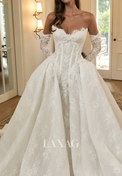 Sweetheart Off-Shoulder Long-Sleeves Pearls Lace Applique Tulle A-Line Wedding Dress with Train