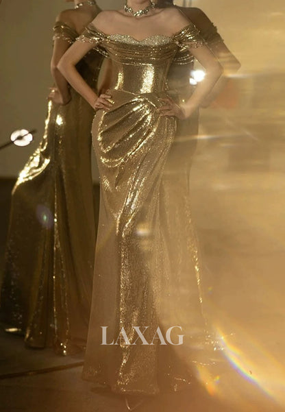 Sweetheart Fully Sequined Pleated Party Gowns Sleeveless Beaded Sweep Train Mermaid Prom Dress