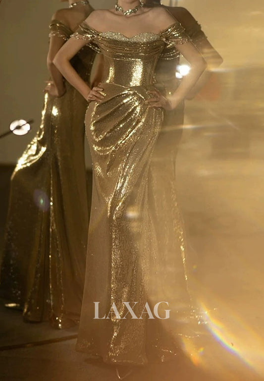 Sweetheart Fully Sequined Pleated Party Gowns Sleeveless Beaded Sweep Train Mermaid Prom Dress