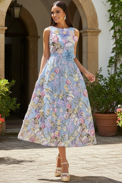 Scoop-Neck Sleeveless 3D-Floral Applique Satin Tea-Length A-Line Mother of the Bride Dress