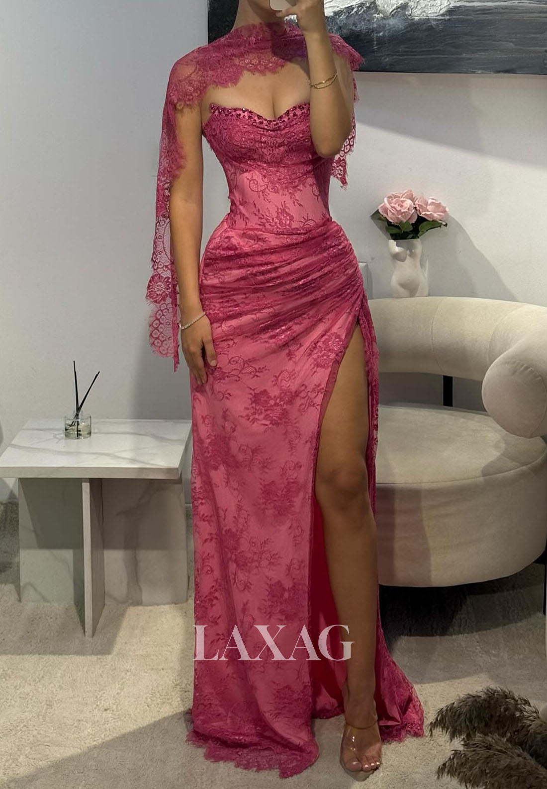 Off-Shoulder Sleeveless Allover Lace Party Gowns Sweetheart High Slit Mermaid Prom Dress with Overlay