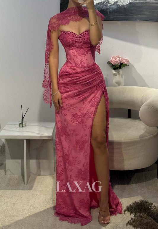 Off-Shoulder Sleeveless Allover Lace Party Gowns Sweetheart High Slit Mermaid Prom Dress with Overlay