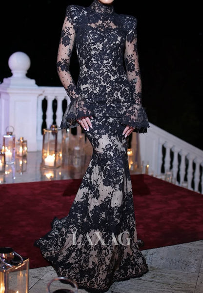 High-Neck Long-Sleeves Mermaid Evening Dress Allover Lace Applique Floor-Length Formal Gowns
