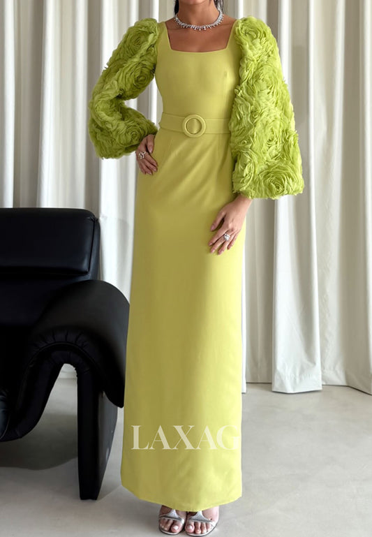 Square-Neck Long-Sleeves Fitted Evening Dress Satin&Chiffon Floral Embellished Formal Gowns