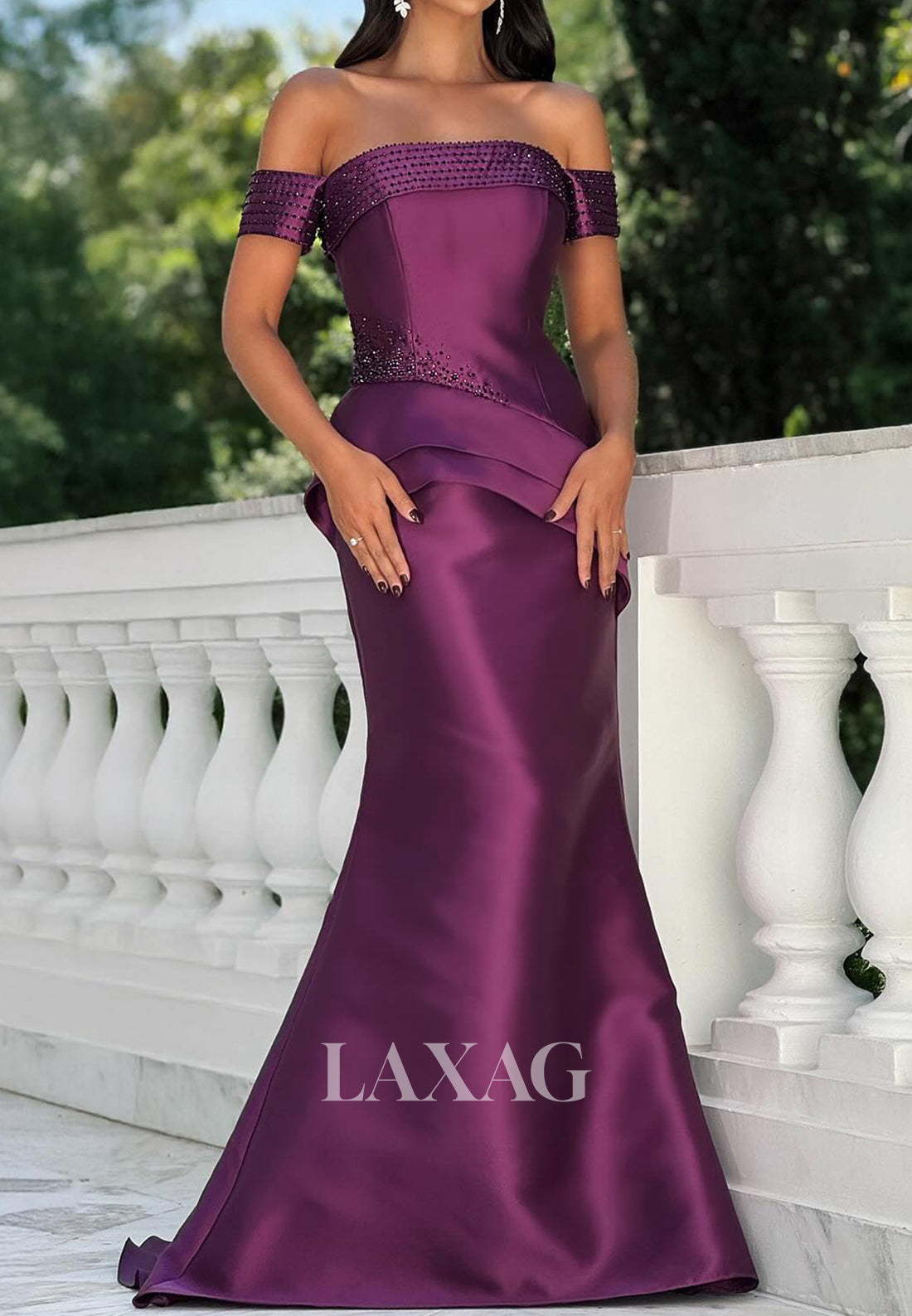 Tube Top Off-Shoulder Sleeveless Beaded Satin Mermaid Evening Dress with Sweep Train