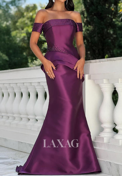 Tube Top Off-Shoulder Sleeveless Beaded Satin Mermaid Evening Dress with Sweep Train