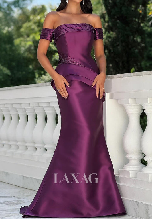 Tube Top Off-Shoulder Sleeveless Beaded Satin Mermaid Evening Dress with Sweep Train