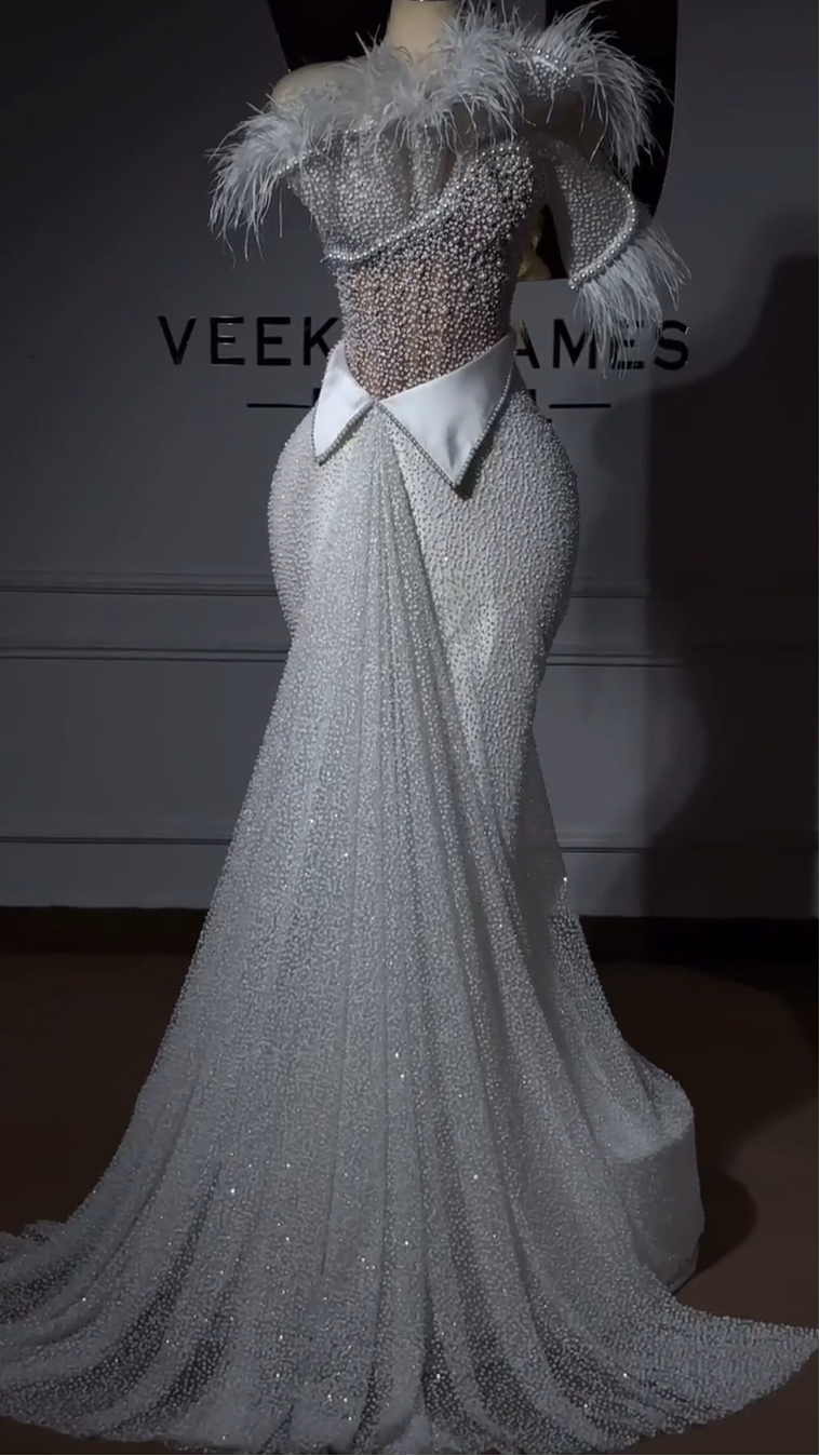 Asymmetrical-Neck Fully Sequined Beaded Feathered Tulle Pleated Mermaid Wedding Dress