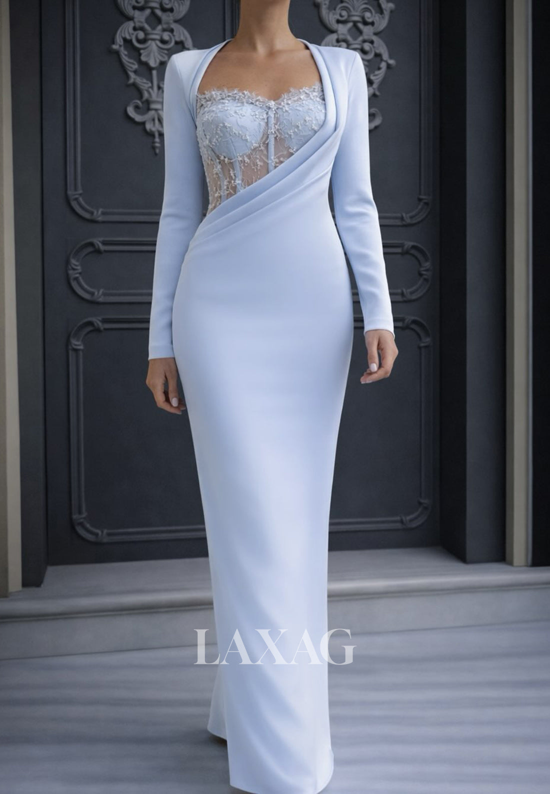 Sweetheart Long-Sleeves Sequined Lace&Satin Pleated Floor-Length Mermaid Evening Dress