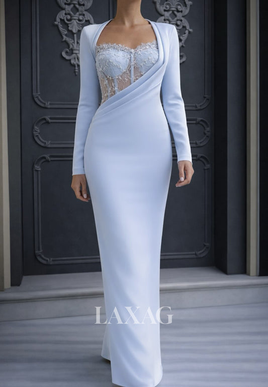 Sweetheart Long-Sleeves Sequined Lace&Satin Pleated Floor-Length Mermaid Evening Dress