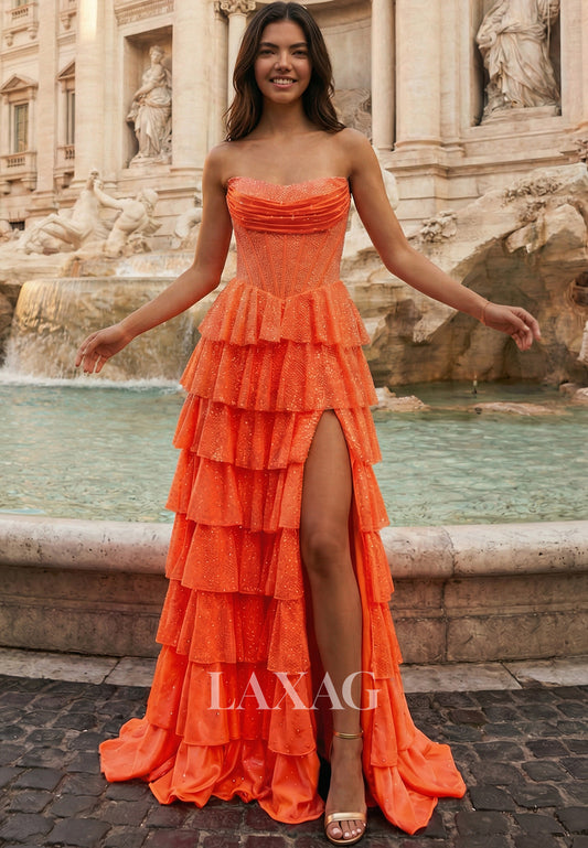 Bateau-Neck Sleeveless Fully Beaded Chiffon Pleated Ruffled Tiered High Slit A-Line Prom Dress