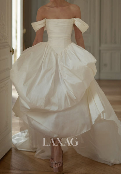 Bateau-Neck Sleeveless Pleated A-Line Wedding Dress Off-Shoulder Chiffon Bride Gowns with Train