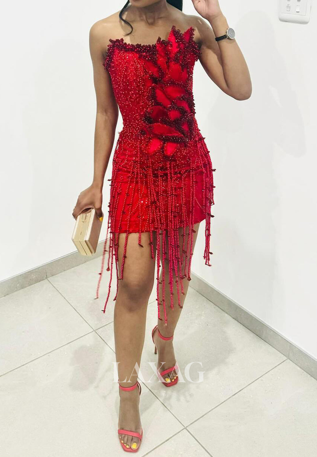 Scoop-Neck Off-Shoulder Fully Beaded Pearls Floral Embellished Mermaid Party Homecoming Dress