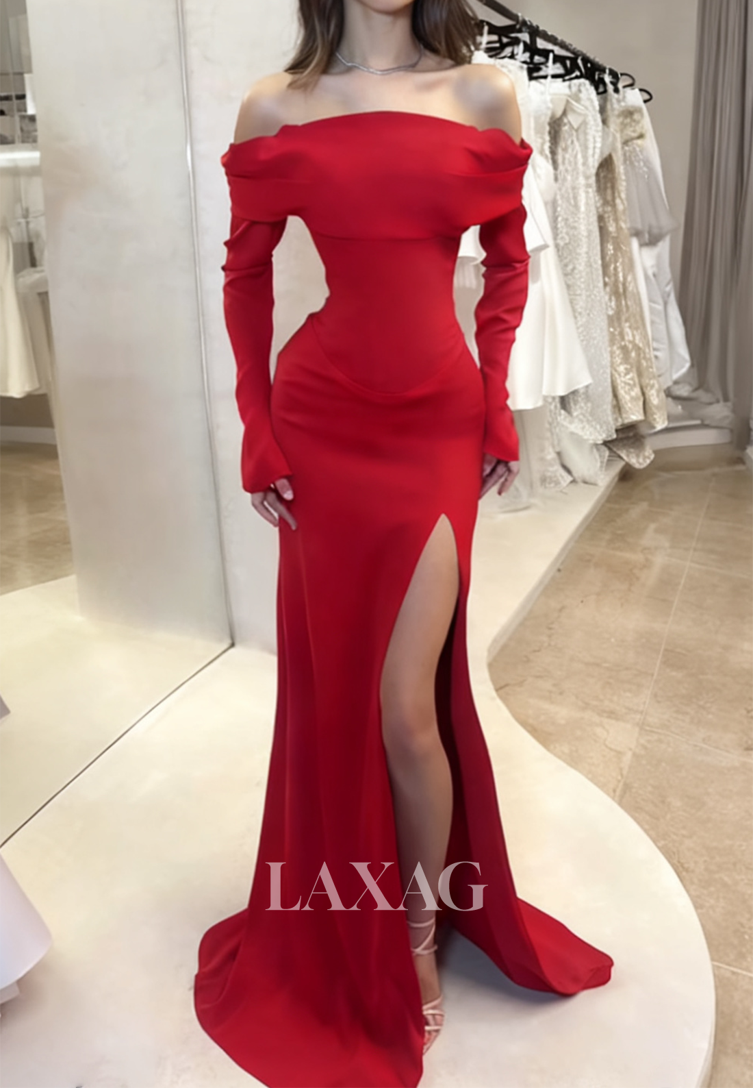 Off-Shoulder Bateau-Neck Mermaid Evening Dress Long-Sleeves Pleated Satin Slit Formal Gowns