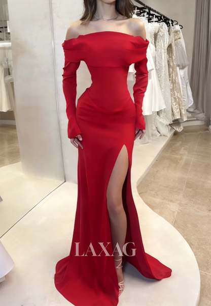 Off-Shoulder Bateau-Neck Mermaid Evening Dress Long-Sleeves Pleated Satin Slit Formal Gowns