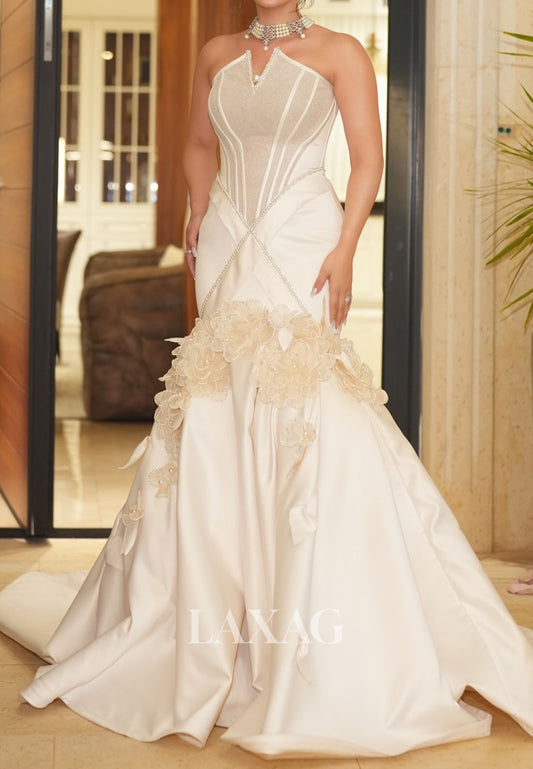 Off-Shoulder Sleeveless Trumpet Mermaid Wedding Dress Floral Embellished Beaded Satin Bride Gowns