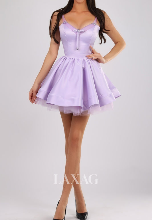 V-Neck Spaghetti Straps Sleeveless Rhinestone Pleated Satin A-Line Homecoming Dress