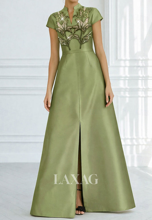 V-Neck Collared Cap-Sleeves Sequined Applique Satin Floor-Length A-Line Evening Dress with Slit