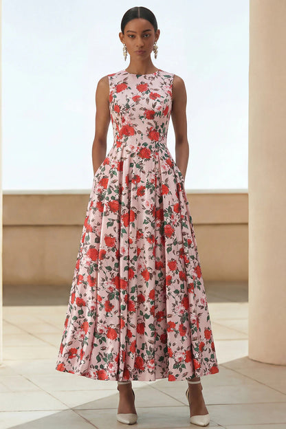 Scoop-Neck Sleeveless Ankle-Length Jacquard Satin Pleated Mother of the Bride Dress
