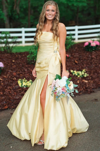 Tube Top Off-Shoulder Sleeveless Satin Pleated Trumpet Mermaid Formal Prom Dress with Slit