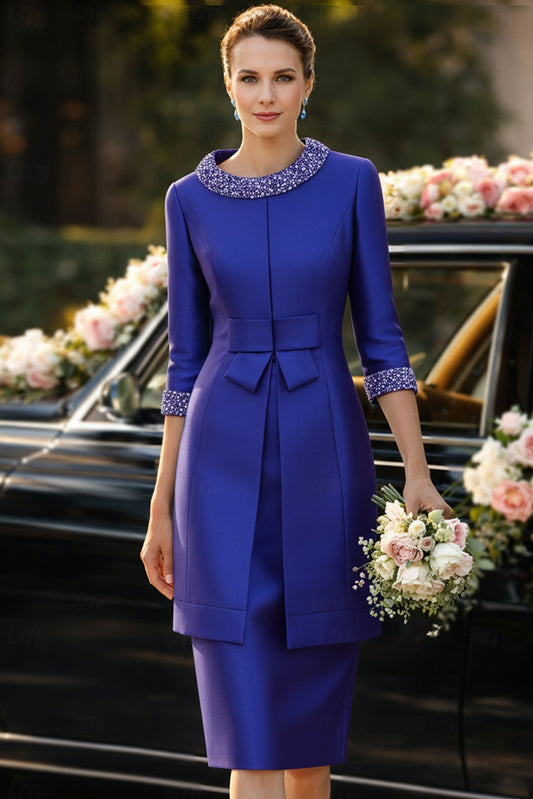 Scoop-Neck Half-Sleeves Beaded Satin Knee-Length Mermaid Mother of the Bride Dress