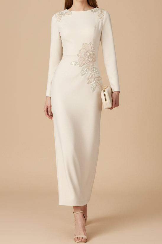 Floral Applique Long Sleeve Sheath Gown