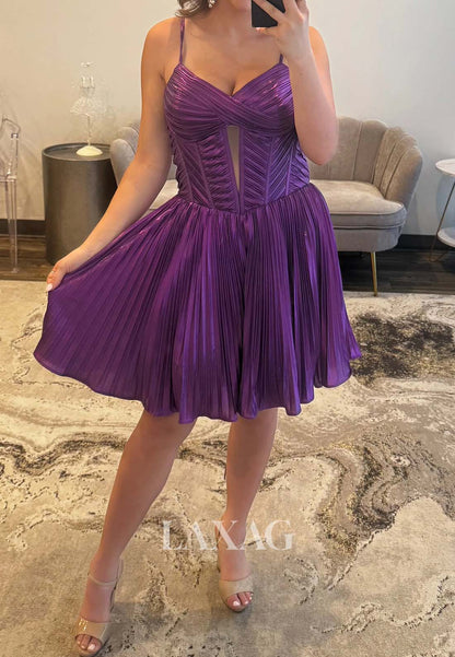 V-Neck Spaghetti Straps Sleeveless Pleated Satin Short A-Line Party Homecoming Dress