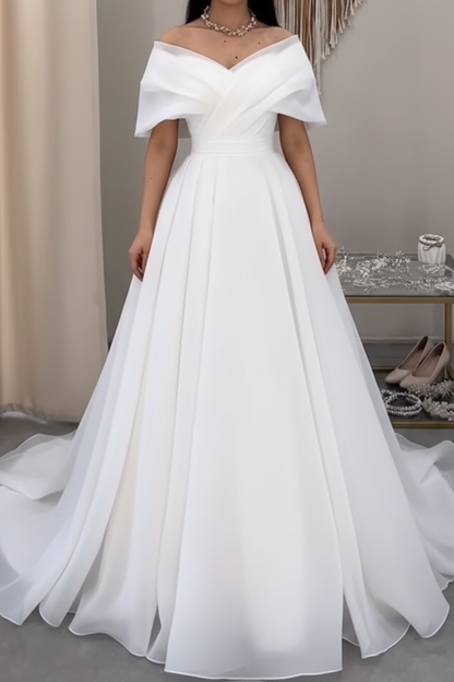 V-Neck Cap-Sleeves Chiffon Pleated Simple A-Line Wedding Dress with Train