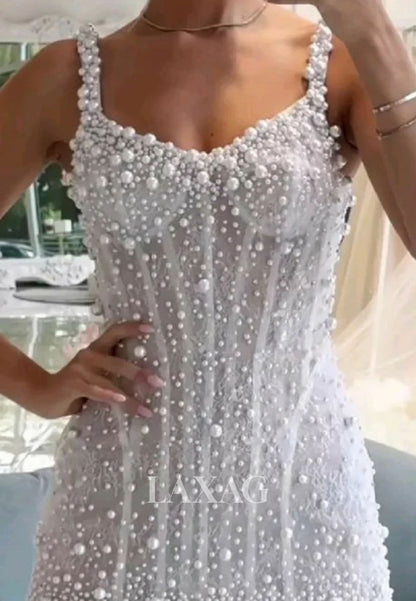 Sweetheart Spaghetti Straps Mermaid Wedding Dress Fully Beaded Pearls Short Boho Bride Gowns
