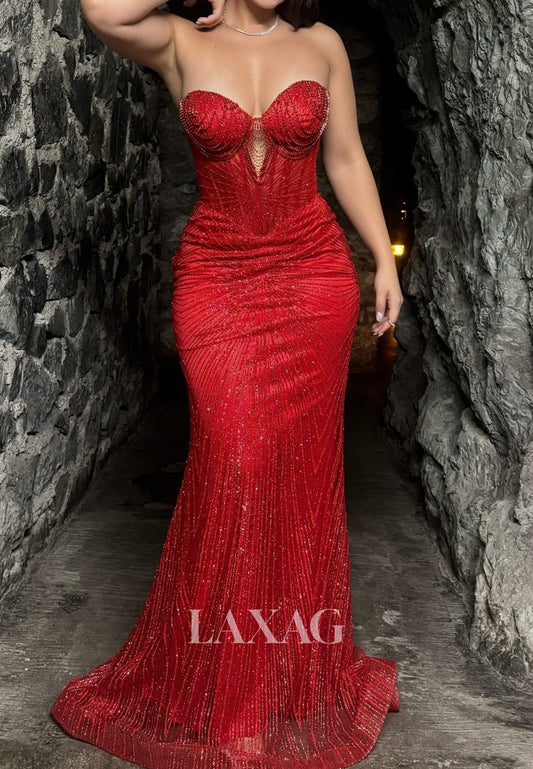 Sweetheart Sleeveless Tulle Mermaid Prom Dress Fully Sequined Beaded Sheer Party Gowns