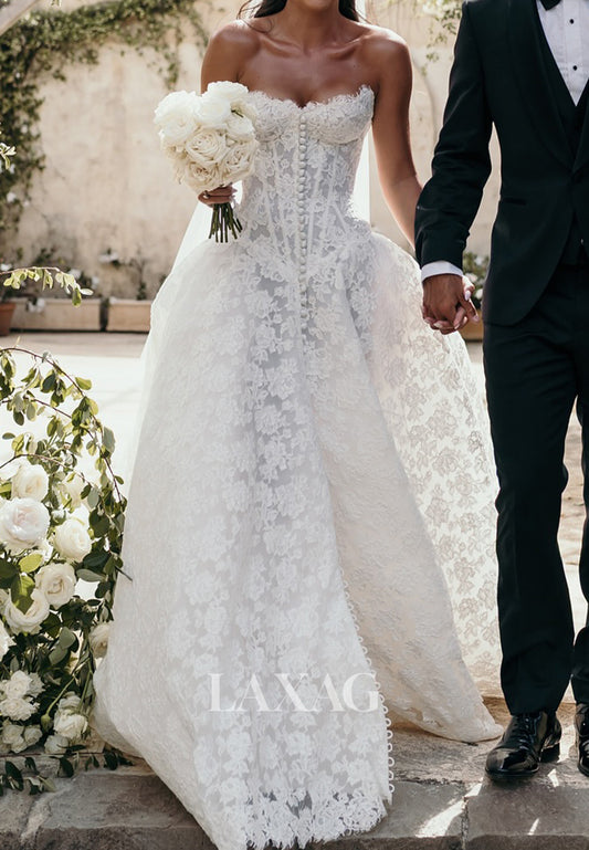 Sweetheart Off-Shoulder Sleeveless Allover Lace Applique A-Line Wedding Dress with Train