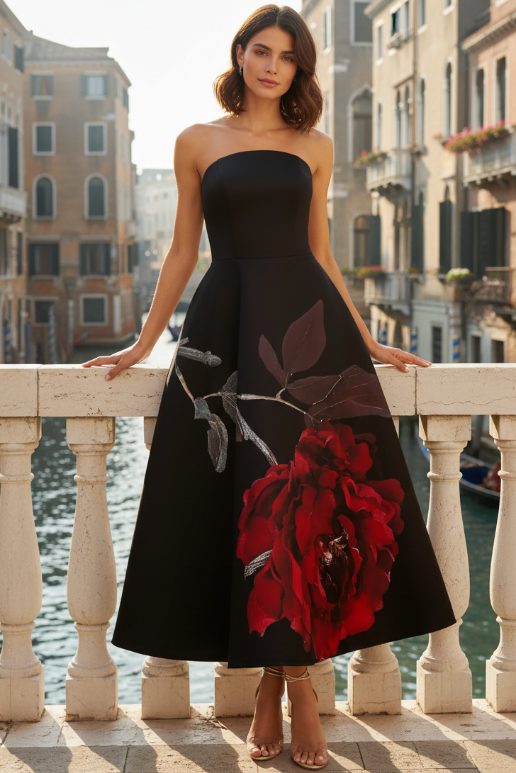 Tube Top Off-Shoulder Sleeveless Print-Satin Pleated Ankle-Length A-Line Cocktail Dress
