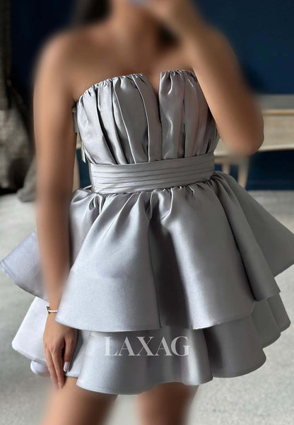 Bateau-Neck Off-Shoulder Sleeveless Pleated Satin Tiered Simple A-Line Party Homecoming Dress