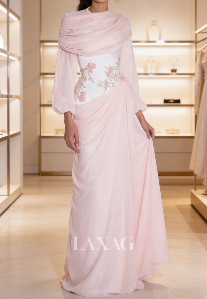 Scoop-Neck Long-Sleeves Fitted Evening Dress Sequined Applique Chiffon Pleated Formal Gowns