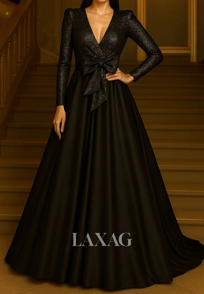 Deep V-Neck Long-Sleeves Sequined Satin Pleated Floor-Length A-Line Evening Dress with Bow