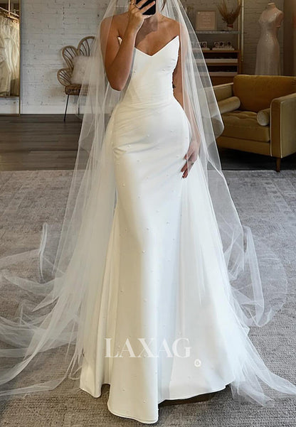 V-Neck Off-Shoulder Sleeveless Bride Gowns Beaded Satin Mermaid Wedding Dress with Tulle Train