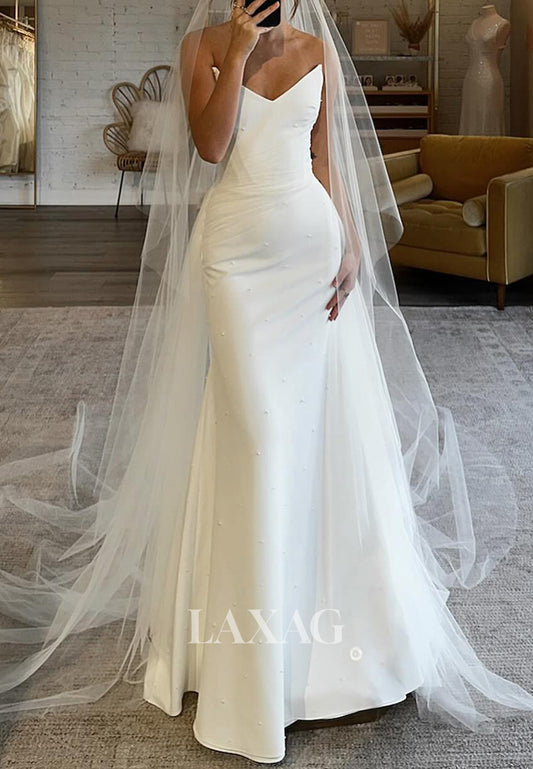 V-Neck Off-Shoulder Sleeveless Bride Gowns Beaded Satin Mermaid Wedding Dress with Tulle Train