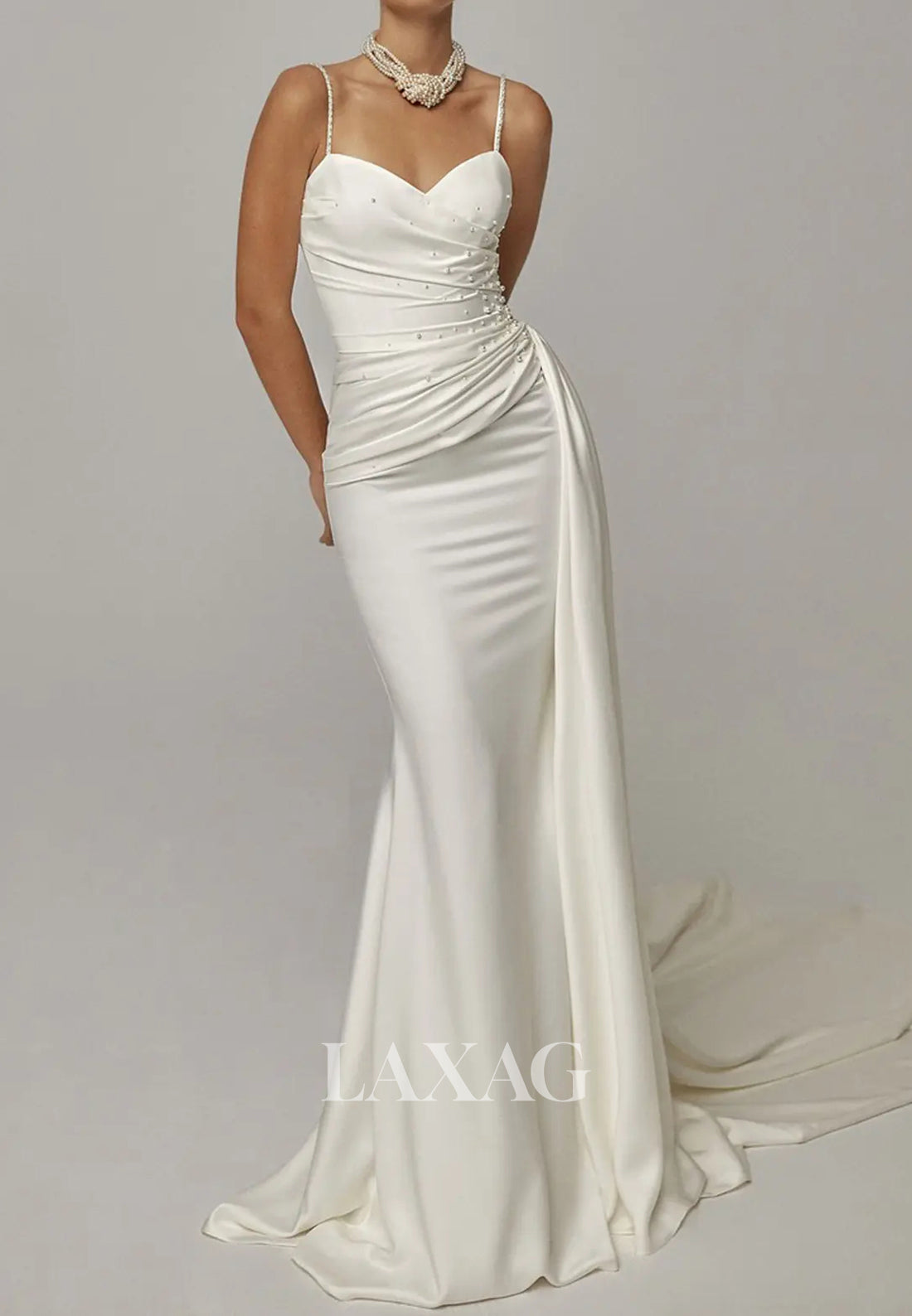 Sweetheart Spaghetti Straps Sleeveless Beaded Satin Pleated Mermaid Wedding Dress with Train