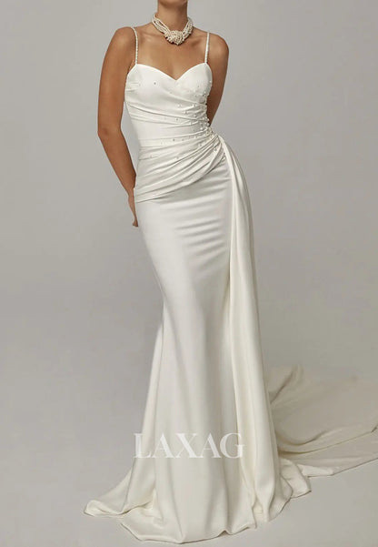 Sweetheart Spaghetti Straps Sleeveless Beaded Satin Pleated Mermaid Wedding Dress with Train