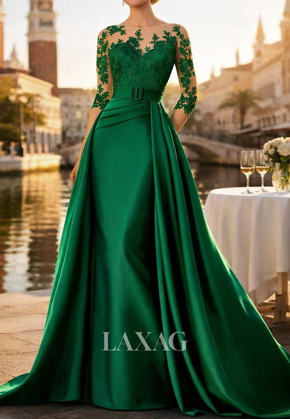 A-Line Scoop-Neck Half-Sleeves Beaded Applique Satin Pleated Mother of the Bride Dress