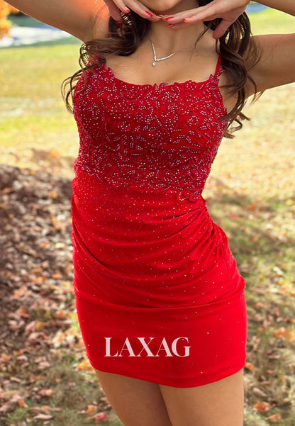 Scoop-Neck Spaghetti Straps Sleeveless Applique Beaded Pleated Satin Mermaid Homecoming Dress