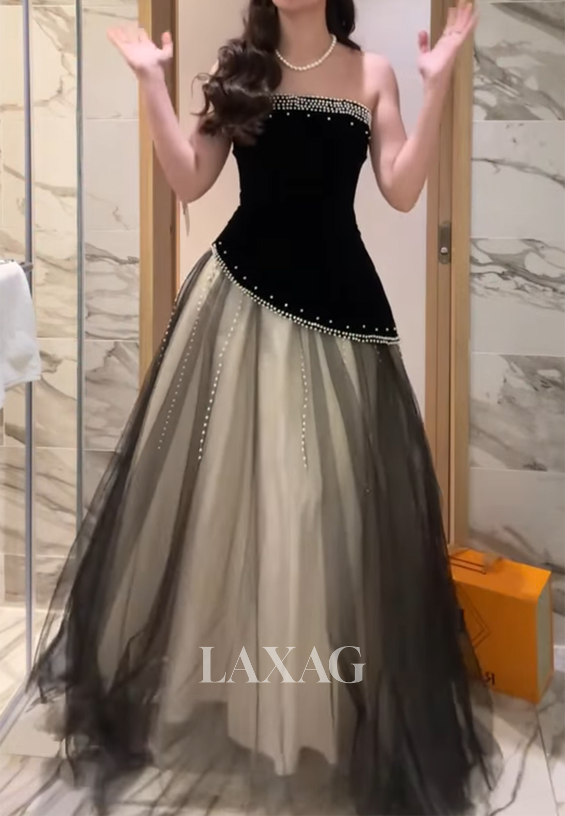 Tube Top Sleeveless Beaded Party Gowns Satin&Tulle Two Tone Pleated A-Line Prom Dress