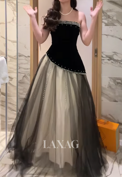 Tube Top Sleeveless Beaded Party Gowns Satin&Tulle Two Tone Pleated A-Line Prom Dress