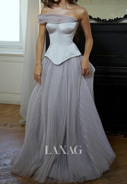 Sweetheart Floor-Length A-Line Prom Dress Off-Shoulder Sleeveless Pleated Satin&Tulle Party Gowns