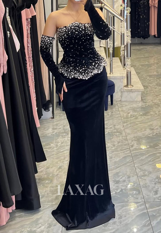 Off-Shoulder Floor-Length Beaded Satin Mermaid Evening Dress Tube Top Long-Sleeves Formal Gowns