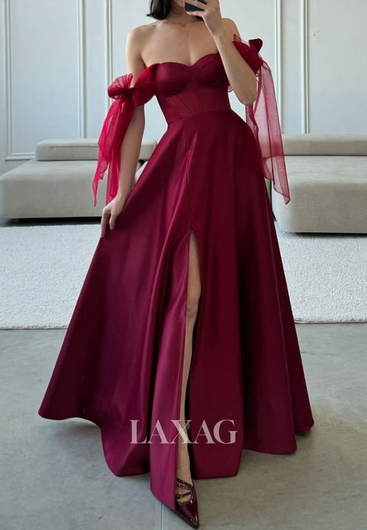 Off-Shoulder Sweetheart Sleeveless Floor-Length Pleated Satin High Slit A-Line Prom Dress